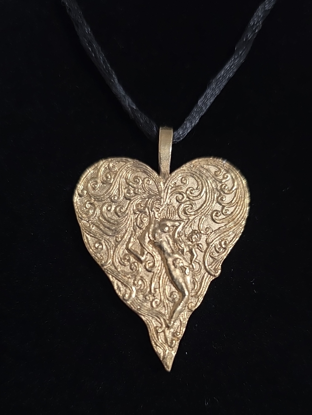 Erte' Sevenart Art Nouveau Heart Pendant Necklace Silk Cord 2 Side Female Figure